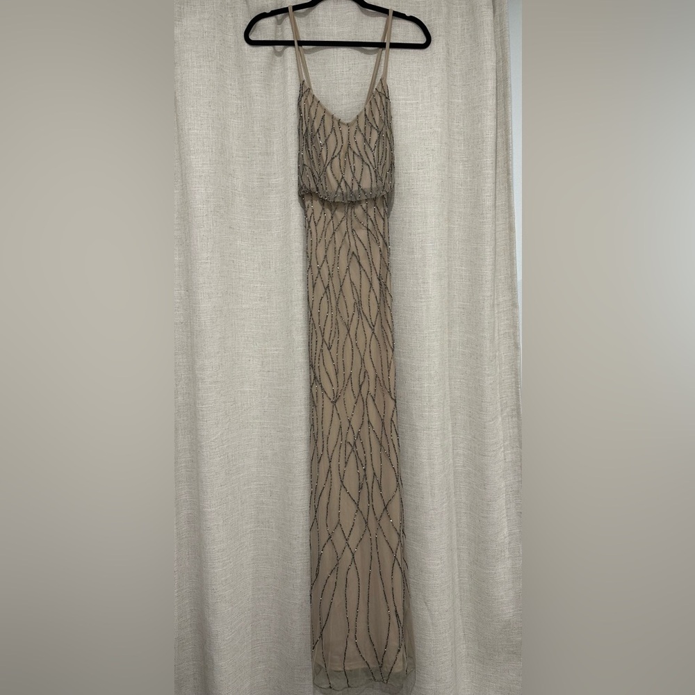 Adrianna Papell Champagne/Nude Gown, Silver Beading, Stunning Bridesmaid Dress